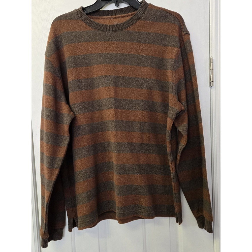 Van Heusen Studio Mens Large Brown Grey Striped Long Sleeve Crew Neck Shirt